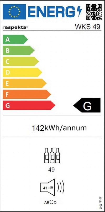 Respekta Weinkühlschrank freistehend für 49 Standardflaschen / 116 L Nutzinhalt/Regelbares Thermostat 5° - 22°C/Touch Control/LED Leuchte/Wechselbarer Türanschlag/Max. 41 dB/WKS 49