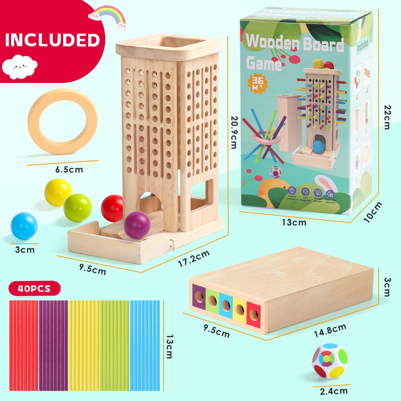 Akokie Montessori Spielzeug ab 3 Jahre Spiele ab 3 4 5 Jahren 3-IN-1 Brettspiele Lernspiele ab 4 Jahre mit 40 Holzstäbe, Aufbewahrungsbox Klassifizierung Farblernturm Kinderspiele Reisespiele Kinder