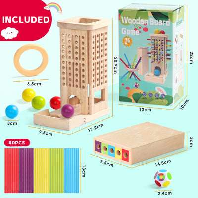 Akokie Montessori Spielzeug ab 3 Jahre Spiele ab 3 4 5 Jahren 3-IN-1 Brettspiele Lernspiele ab 4 Jahre mit 40 Holzstäbe, Aufbewahrungsbox Klassifizierung Farblernturm Kinderspiele Reisespiele Kinder