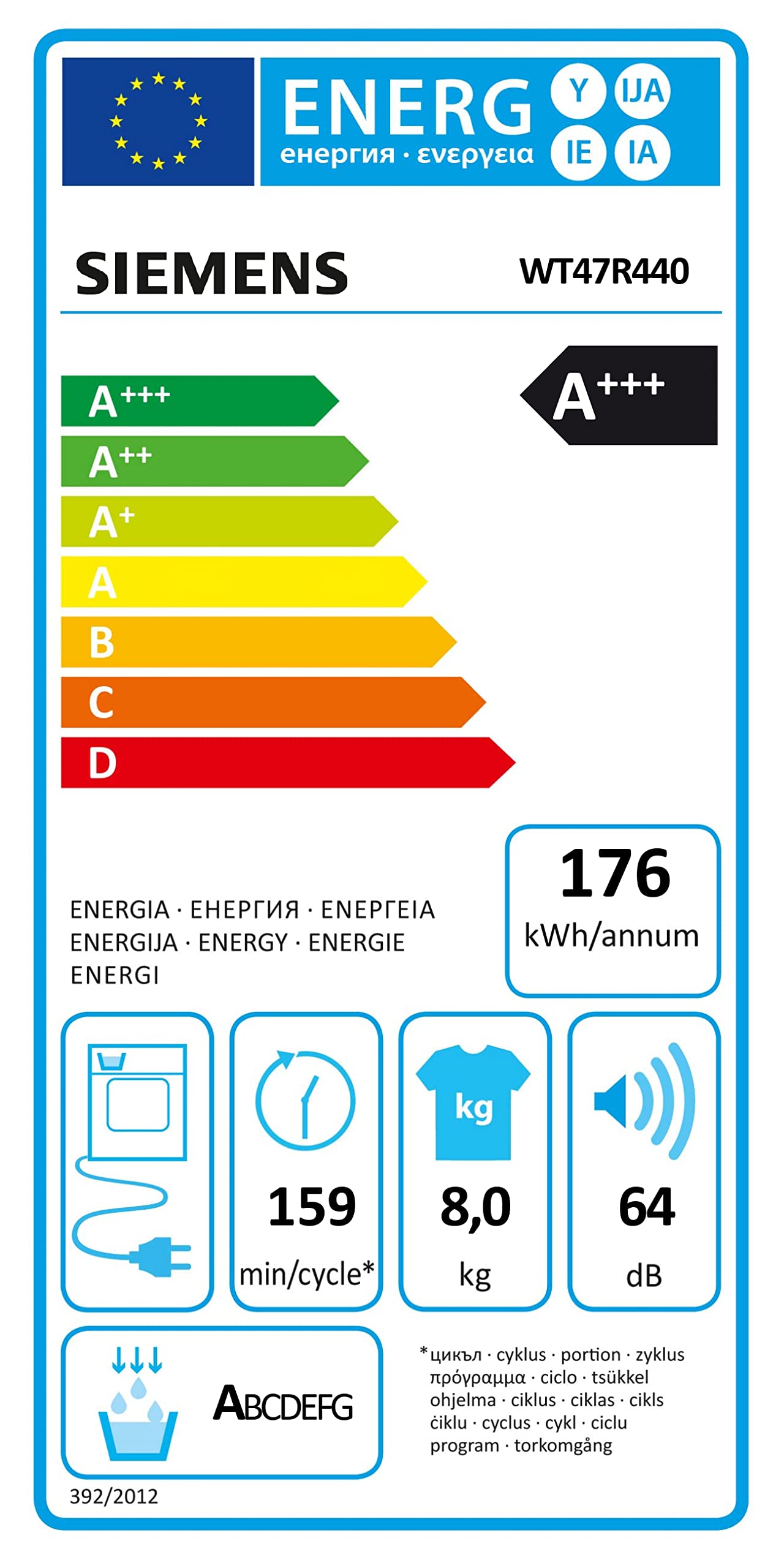 Siemens WT47R440 Wärmepumpentrockner für 8 kg Wäsche, iQ500, 176 kWh pro Jahr, speedPack, autoDry, Outdoor-Programm, Weiß