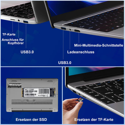 NOTODD 2025 Laptop 14 Zoll Win 11 Pro 6GB RAM 256GB SSD Unterstützung 1TB (TF 1TB) Notebook Celeron N4020 (bis2.8GHz) 5000mAh 1920x1080p WiFi Deutscher Tastaturschutz und kabellose Maus-Grey