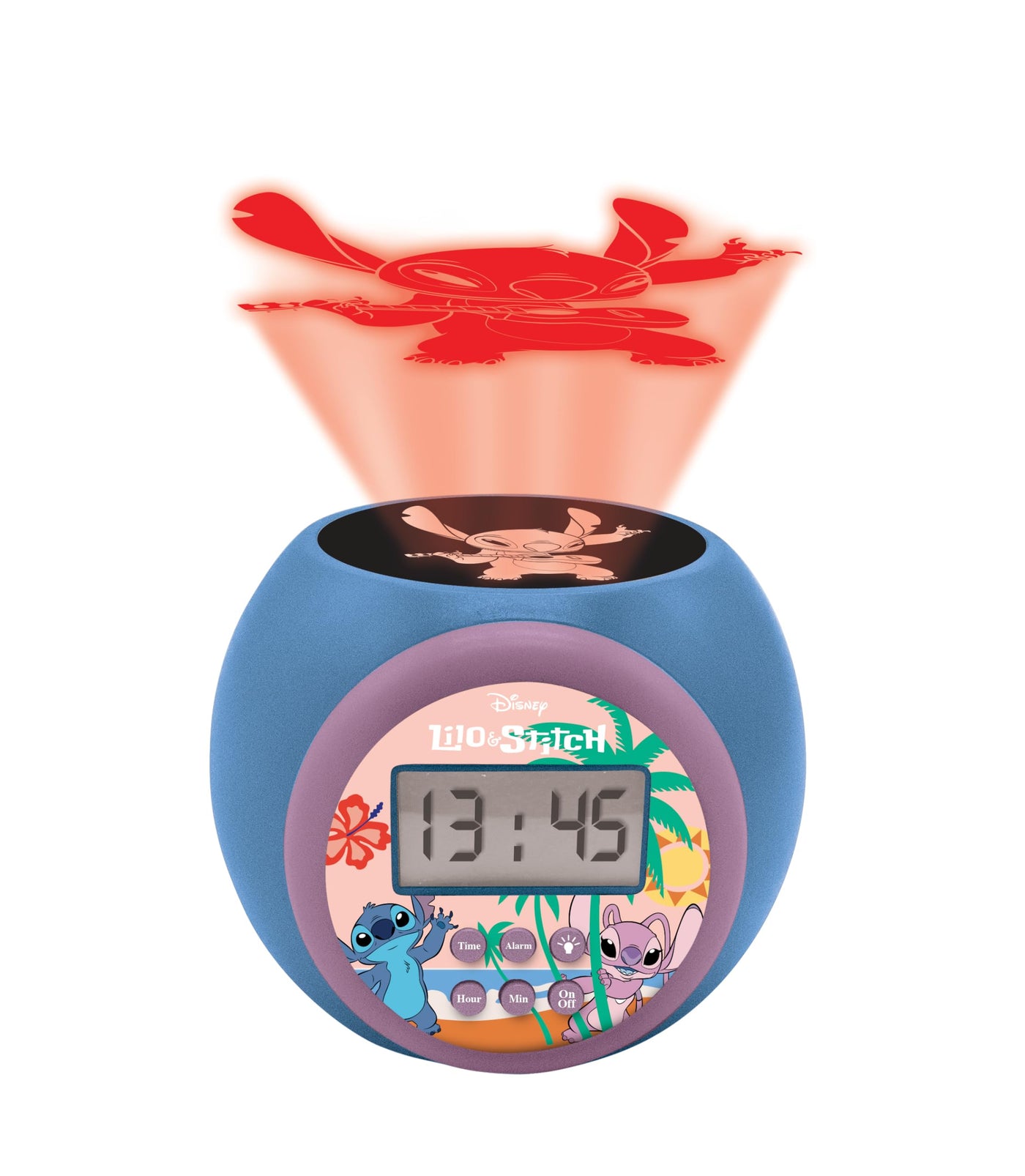 Lexibook, Disney Stitch, Projektionswecker mit Schlummerfunktion und Alarmfunktion, Nachtlicht mit Timer, LCD-Bildschirm, batteriebetrieben, blau, RL977D