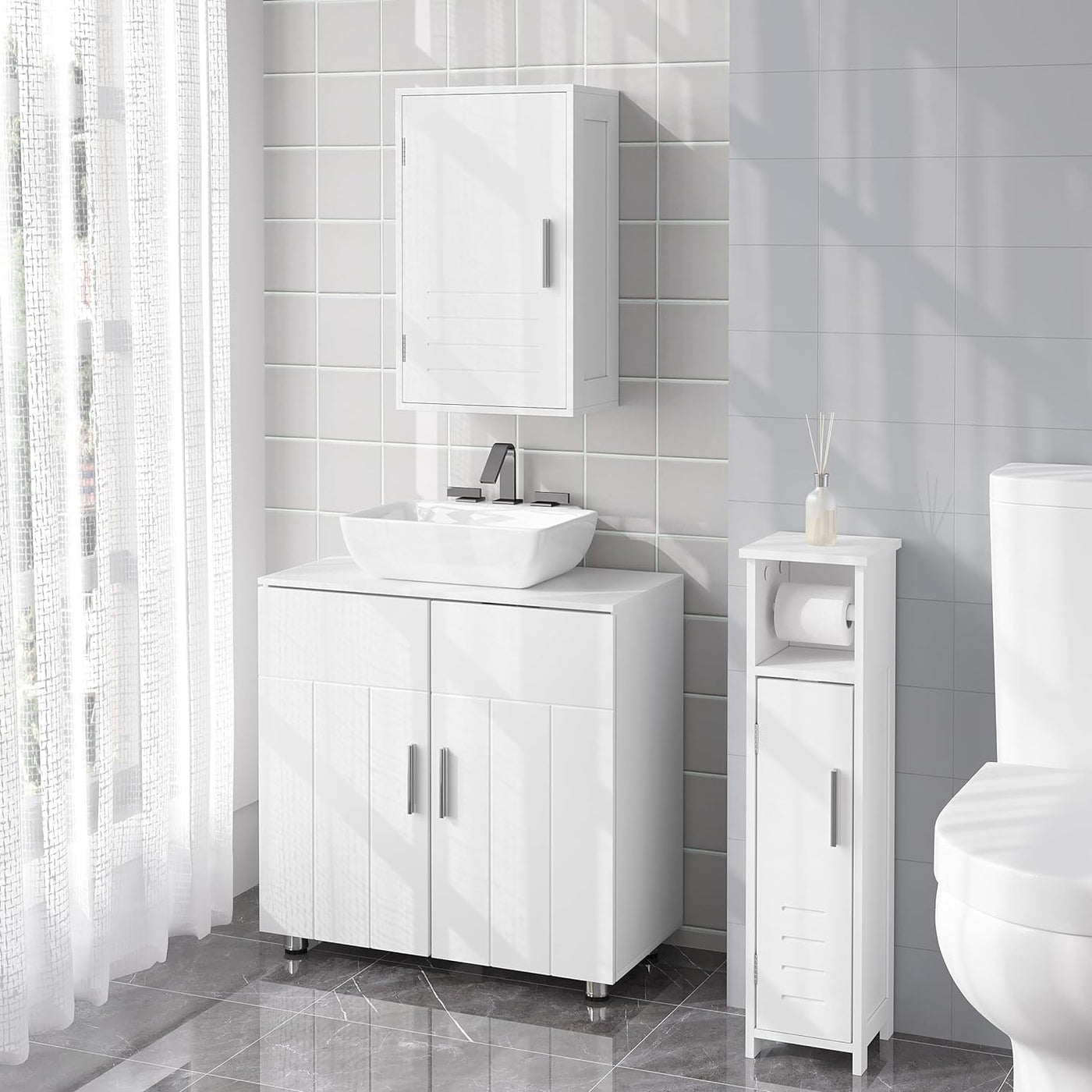 EUGAD Waschbeckenunterschrank,Unterschrank, Waschtischunterschrank, Badezimmerschrank mit 2 Türen,Verstellbarer Trennwand, Metallscharnieren, Landhausstil Weiß 60x60x30 cm