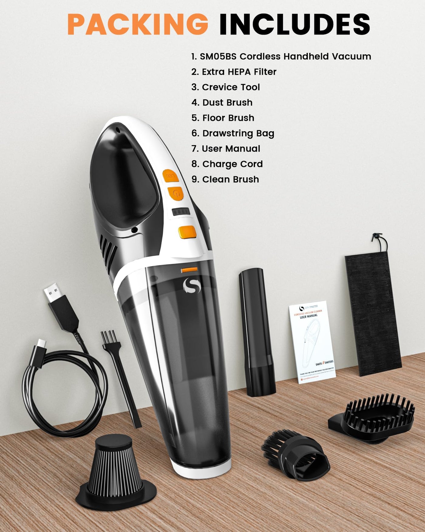 SERVOMASTER Handstaubsauger 15000Pa, Handstaubsauger Akku Kabellos mit Hoher Leistung, 2 Geschwindigkeitsstufen und LED-Licht, Mini Staubsauger mit waschbarem HEPA-Filter für Auto, Büro und Haustier