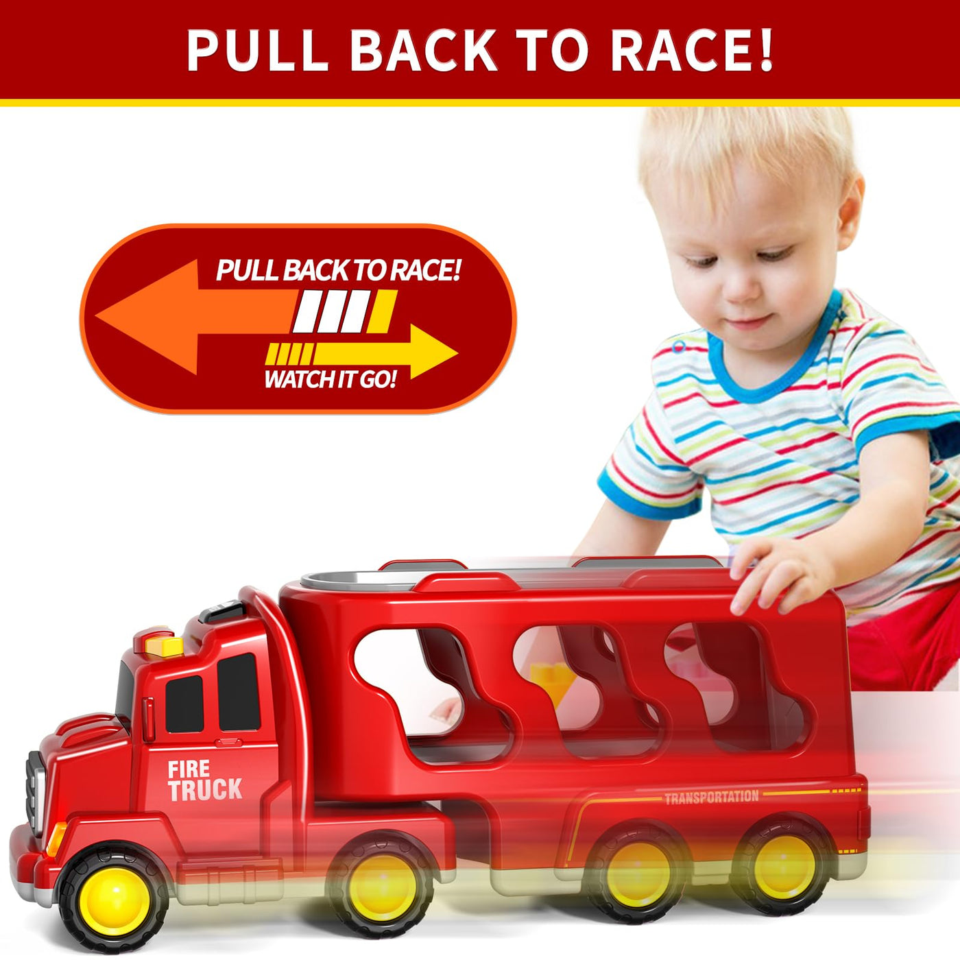 5-in-1 Feuerwehr LKW Spielzeug für Kinder, Reibungsbetriebene Transporter mit 4 Feuerwehrfahrzeugen, Spielzeug ab 1 2 3 Jahren für Jungen und Mädchen mit Lichtern und Geräuschen für Kleinkind 4 5 6