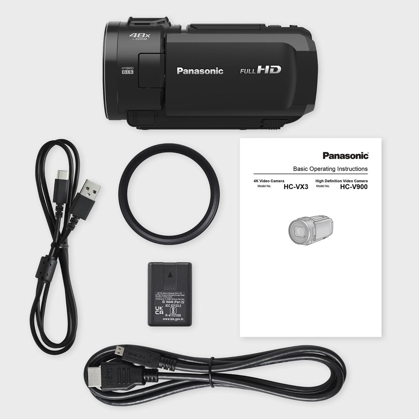 Panasonic HC-V900E-K Full-HD-Camcorder, FHD-Video, 25-mm-F1.8-Weitwinkelobjektiv, 24-facher optischer Zoom, Hybrid OIS+, HDR, Zoom-Mikrofon, Touchscreen, Schwarz