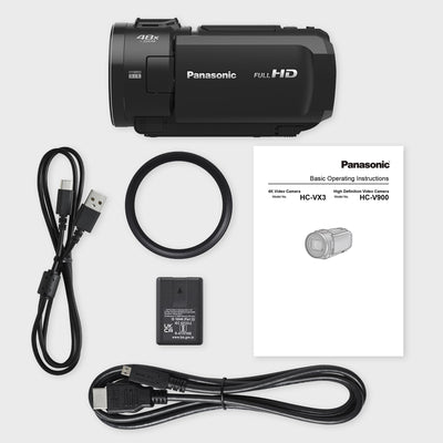 Panasonic HC-V900E-K Full-HD-Camcorder, FHD-Video, 25-mm-F1.8-Weitwinkelobjektiv, 24-facher optischer Zoom, Hybrid OIS+, HDR, Zoom-Mikrofon, Touchscreen, Schwarz
