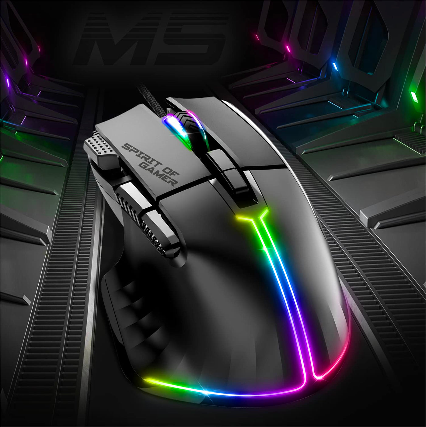 SPIRIT OF GAMER | Gaming Maus PC mit 12800 DPI | RGB Maus mit 8 Programmierbaren Tasten darunter 1 Rapid Fire | 13 Hintergrundbeleuchtungseffekte | Ergonomische Gaming Mouse mit Daumenauflage