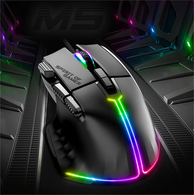 SPIRIT OF GAMER | Gaming Maus PC mit 12800 DPI | RGB Maus mit 8 Programmierbaren Tasten darunter 1 Rapid Fire | 13 Hintergrundbeleuchtungseffekte | Ergonomische Gaming Mouse mit Daumenauflage