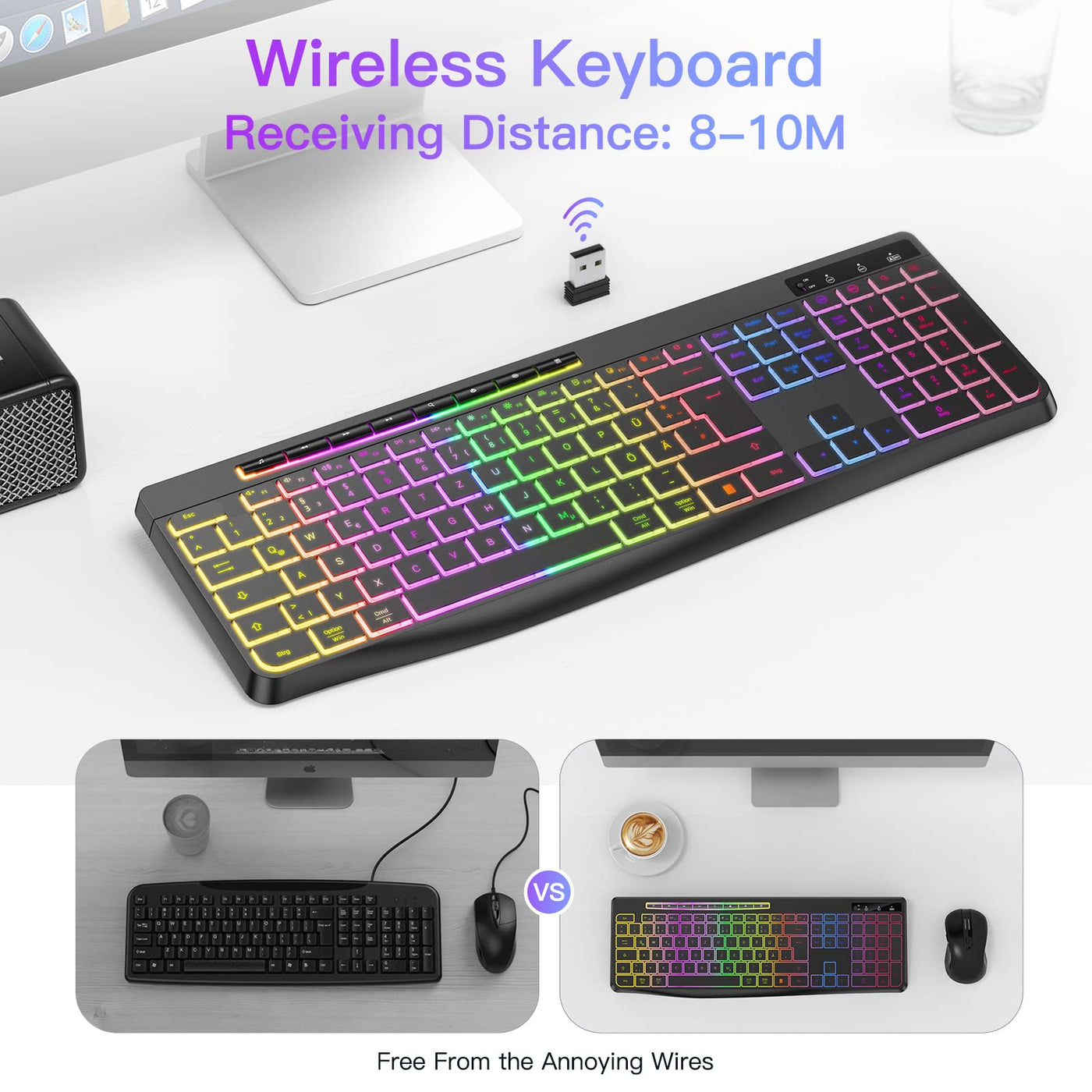 TECURS Tastatur Kabellose Gaming - Leise Tastatur QWERTZ Beleuchtet Ergonomisch Wasserdicht, 2.4Ghz Led Keyboard für Windows/Mac /PS4/ Xbox mit Multimedia-Tasten Schwarz