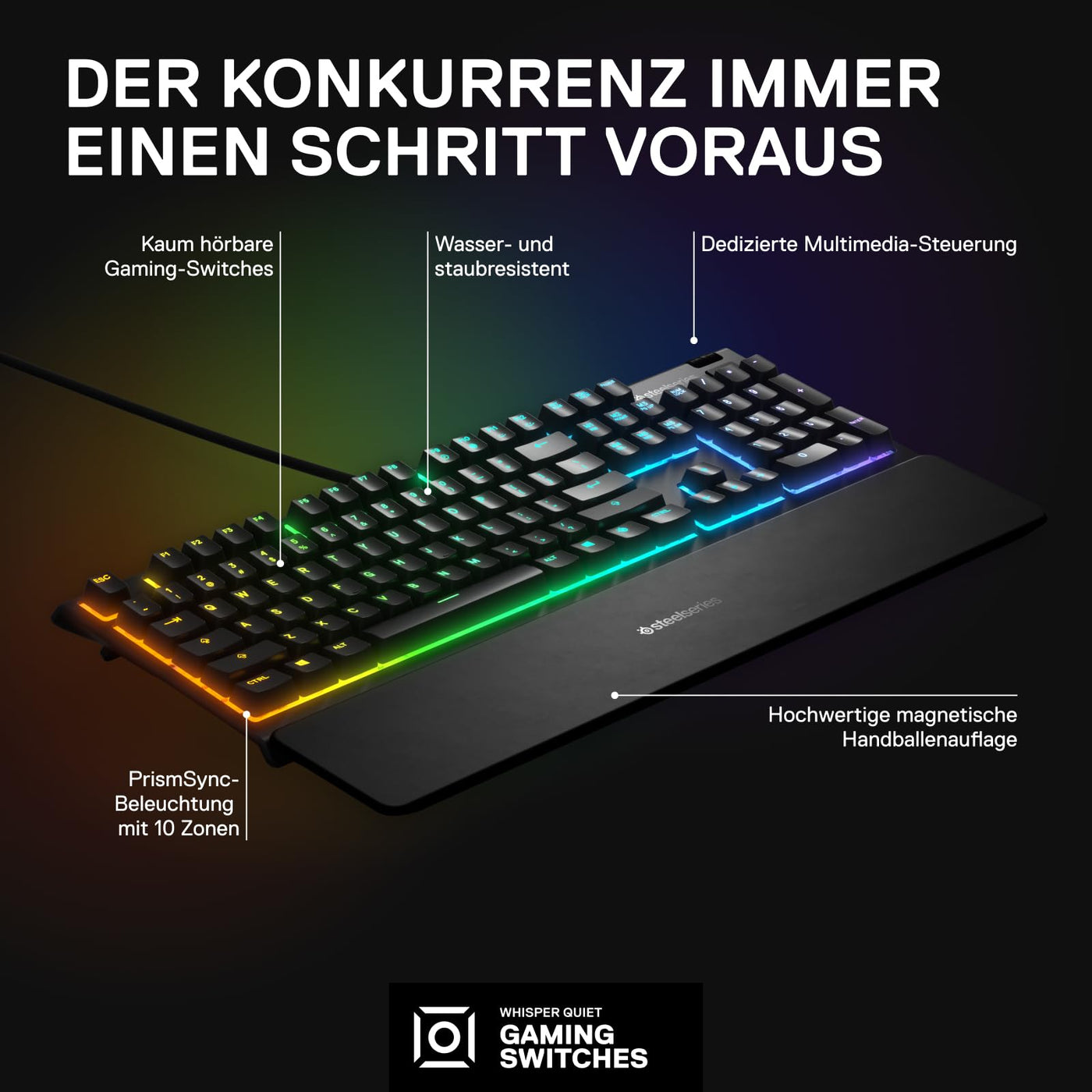 SteelSeries Apex 3 - Gaming Tastatur - 10-Zonen RGB-Beleuchtung - Premium magnetische Handballenauflage - Deutsches (QWERTZ) Layout