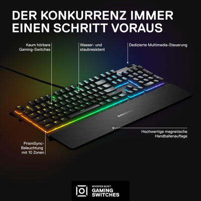 SteelSeries Apex 3 - Gaming Tastatur - 10-Zonen RGB-Beleuchtung - Premium magnetische Handballenauflage - Deutsches (QWERTZ) Layout