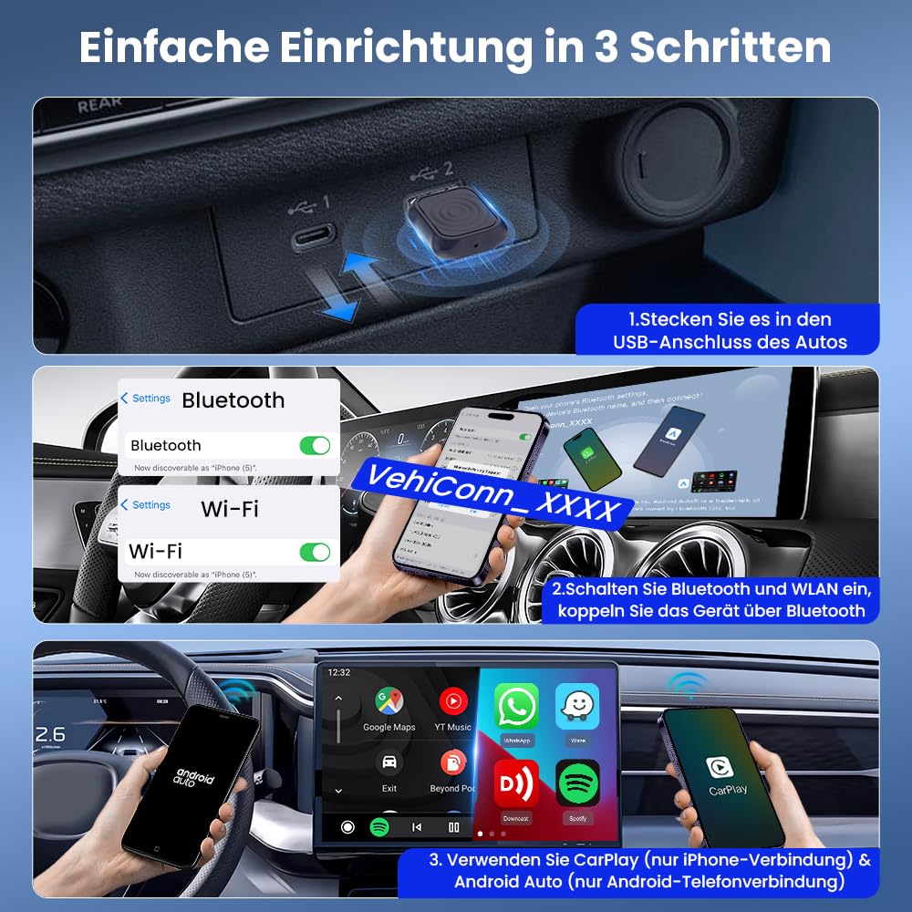 Carlinkit 2025 Wireless CarPlay & Android Auto Adapter, Upgrade Wired Connection to Wireless, Plug & Play mit USB-A/Type-C, funktioniert mit iPhone iOS 10+ & Android 11.0+