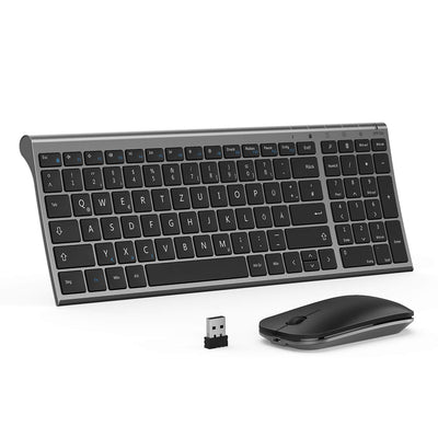 seenda Tastatur Maus Set Kabellos, Wiederaufladbare Kleine Funktastatur mit Maus, Leise Tastatur mit Aluminiumgehäuse für PC/Laptop/Smart TV, QWERTZ Layout, Grau