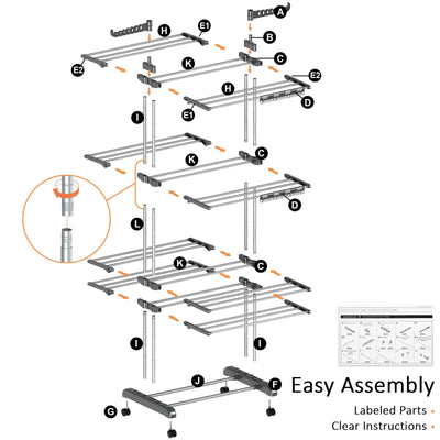 johgee 5 Ebenen Wäscheständer Wäschetrockner Turm mit Rollen, Höhenverstellbar klappbarer Waschestander mit 8 Klappbare Flügel und 4 Sockenklammern, Edelstahl Standtrockner Wäscheturm für Innen&Außen