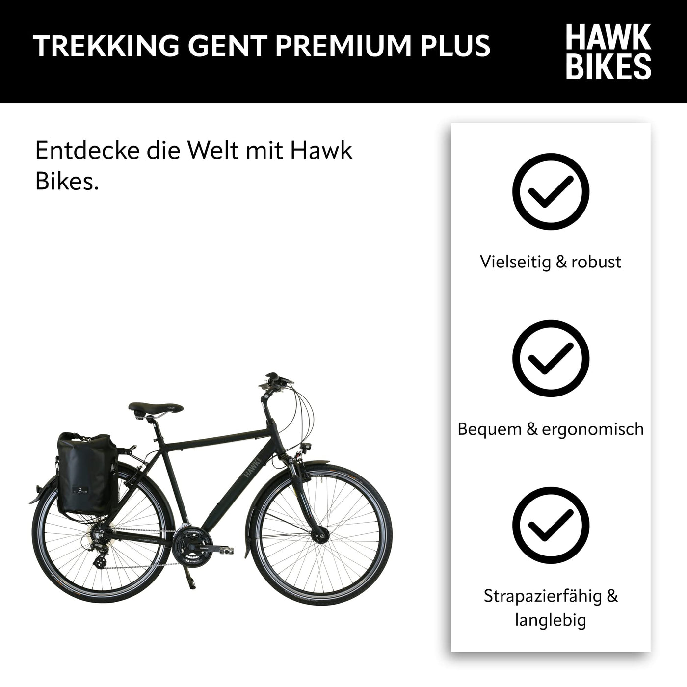 HAWK Trekking Gent Premium Plus Fahrrad Herren inkl. Tasche, 57 cm I Bike mit Microshift 24 Gang Kettenschaltung & Beleuchtung I Allrounder I Schwarz
