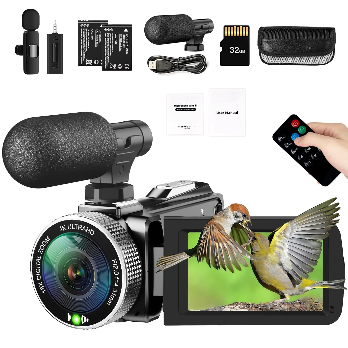 4K Videokamera 48MP 60FPS Camcorder für YouTube, FHD1080P Video Vlogging Kamera Recorder /18X Digital Zoom /3.0'' 270°Rotation IPS Bildschirm Kamera Camcorder, mit Fernbedienung 2 Batterien/SD Karte