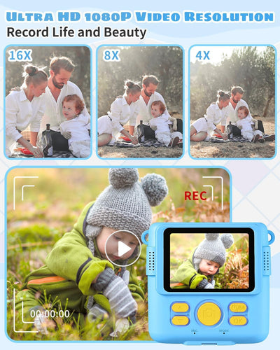 Kinderkamera Spielzeug, 2.4 Zoll Bildschirm DIY Sofortbildkamera Kinder, 1080P HD-Video Digitalkamera für Kinder, mit 32GB SD Karte & Druckpapier, Geschenk für Mädchen & Jungen ab 3-14 Jahren (Blau)