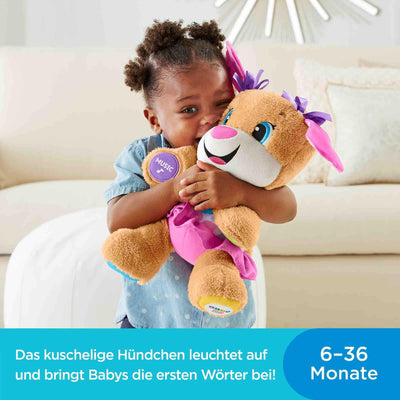 Fisher-Price Lernspaß Hundefreundin, sprechendes, singendes Kuscheltier, Baby Spielzeug ab 6 Monate, Interaktiver Hund Lernspielzeug, Deutsche Version, FPP53