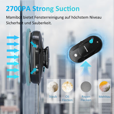 Mamibot W110-P Fensterputzroboter, automatischer intelligenter Navigations-Staubsauger Anti-Drop, mit APP und Fernbedienung, für Glas, Fliesen, 12 Stück Tücher (Schwarz)