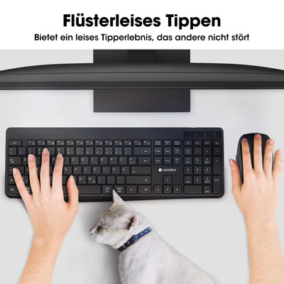 KOORUI Tastatur und Maus Kabellos, Wiederaufladbar Leise Maus Tastatur Set Deutsches Layout QWERTZ mit 12 Funktionstasten 2.4 GHz Tastatur Maus Set für Windows, MacOS, Linux -Schwarz