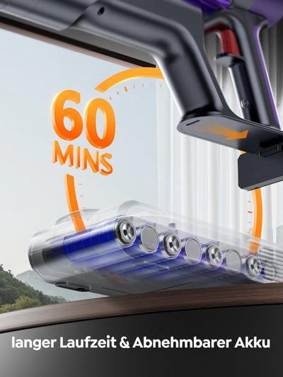 SMOTURE Akku Staubsauger, 550W 45KPA 60 Min. Laufzeit Selbststehender Staubsauger für Zuhause, Staubsauger Kabellos mit Wandmontierte Ladestation,Automatikmodus,Abnehmbare Akku,Touchscreen
