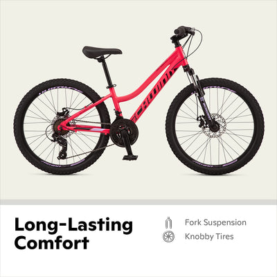 Schwinn High Timber ALX Youth/Adult Mountain Bike, Aluminum Frame and Disc Brakes, 24-Inch Wheels, 21-Speed, Coral