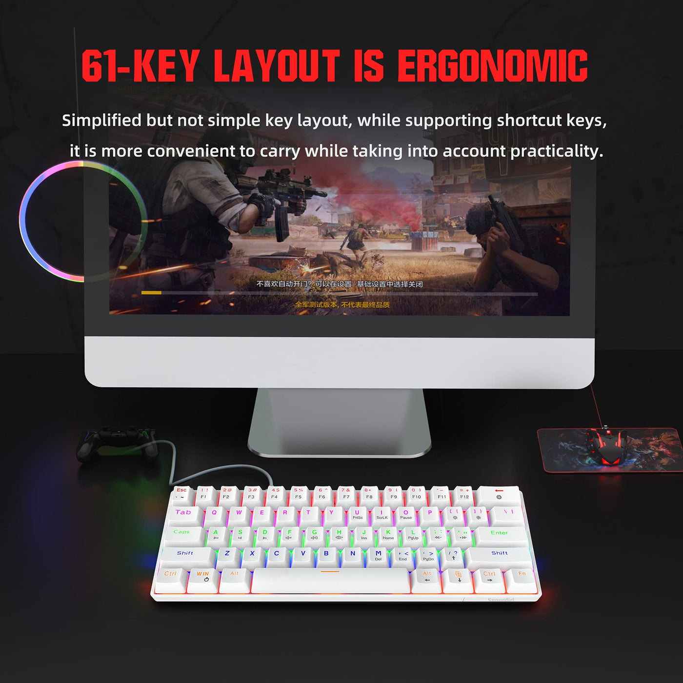 Snpurdiri 60% kabelgebundene Mechanische Gaming Tastatur, Anti-Ghosting 61 Tasten, RGB-Hintergrundbeleuchtung, Ultrakompakter Blauer Schalter, Doppelfuß, Weiß