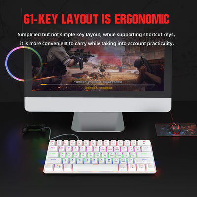 Snpurdiri 60% kabelgebundene Mechanische Gaming Tastatur, Anti-Ghosting 61 Tasten, RGB-Hintergrundbeleuchtung, Ultrakompakter Blauer Schalter, Doppelfuß, Weiß
