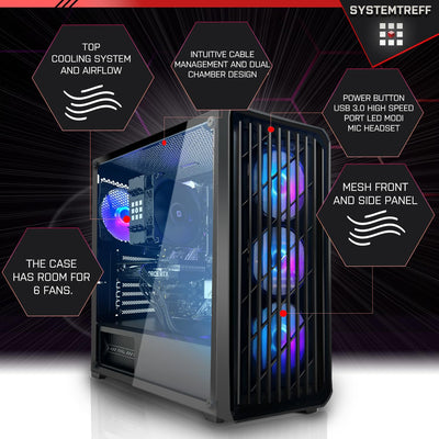 SYSTEMTREFF Basic Gaming PC AMD Ryzen 5 5600G 6x4.4GHz | AMD RX Vega 7 4K HDMI DX12 | 1TB M.2 NVMe + 2TB HDD | 32GB DDR4 RAM | WLAN Desktop Computer Rechner für Gamer, Zocker