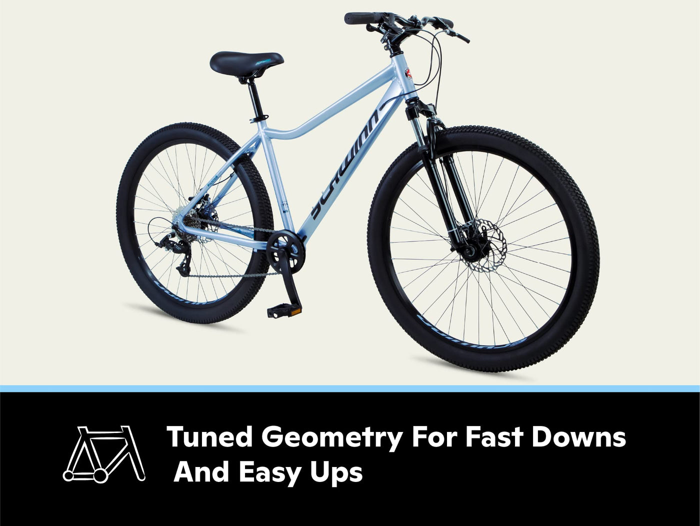 Schwinn Fleet Mountainbike für Damen, 27,5-Zoll-Reifen, 17-Zoll-Rahmen aus Leichtmetalllegierung, Gabelfederung, 9 Gänge, Scheibenbremsen, Hellblau