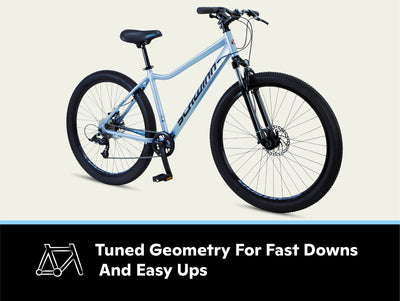 Schwinn Fleet Mountainbike für Damen, 27,5-Zoll-Reifen, 17-Zoll-Rahmen aus Leichtmetalllegierung, Gabelfederung, 9 Gänge, Scheibenbremsen, Hellblau