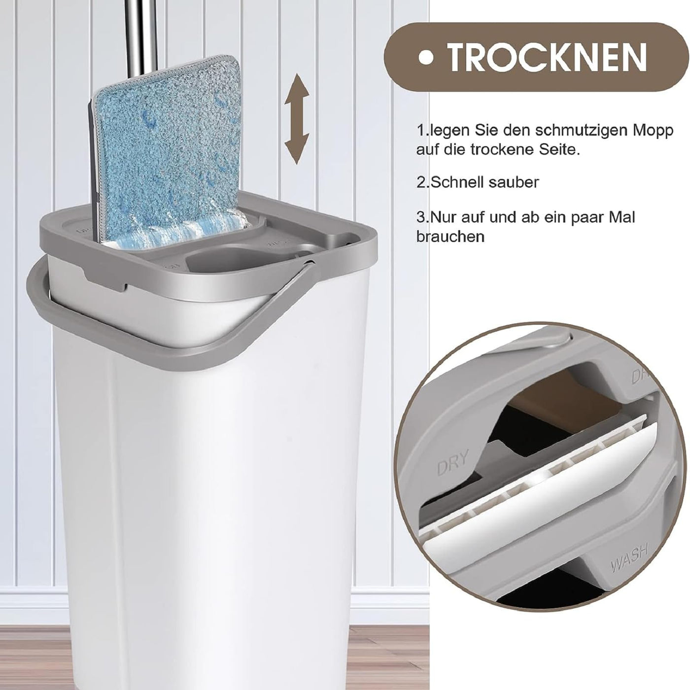 MASTERTOP Wischmopp Set mit Eimer, Flachmopp Bodenwischer mit 10 Mopp Pads und Langem Griff, 2 in 1 Putzeimer mit Wischmop, Mikrofaser Wischmopp mit Auswringfunktion für All Boden-Weiß