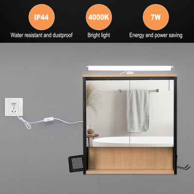 EUGAD Spiegelschrank Bad mit Beleuchtung, Badezimmerschrank mit Spiegel, Badschrank hängend, mit Verstellbarer Ablage Halter Korb, aus Metall MDF, schwarz + helle Eiche