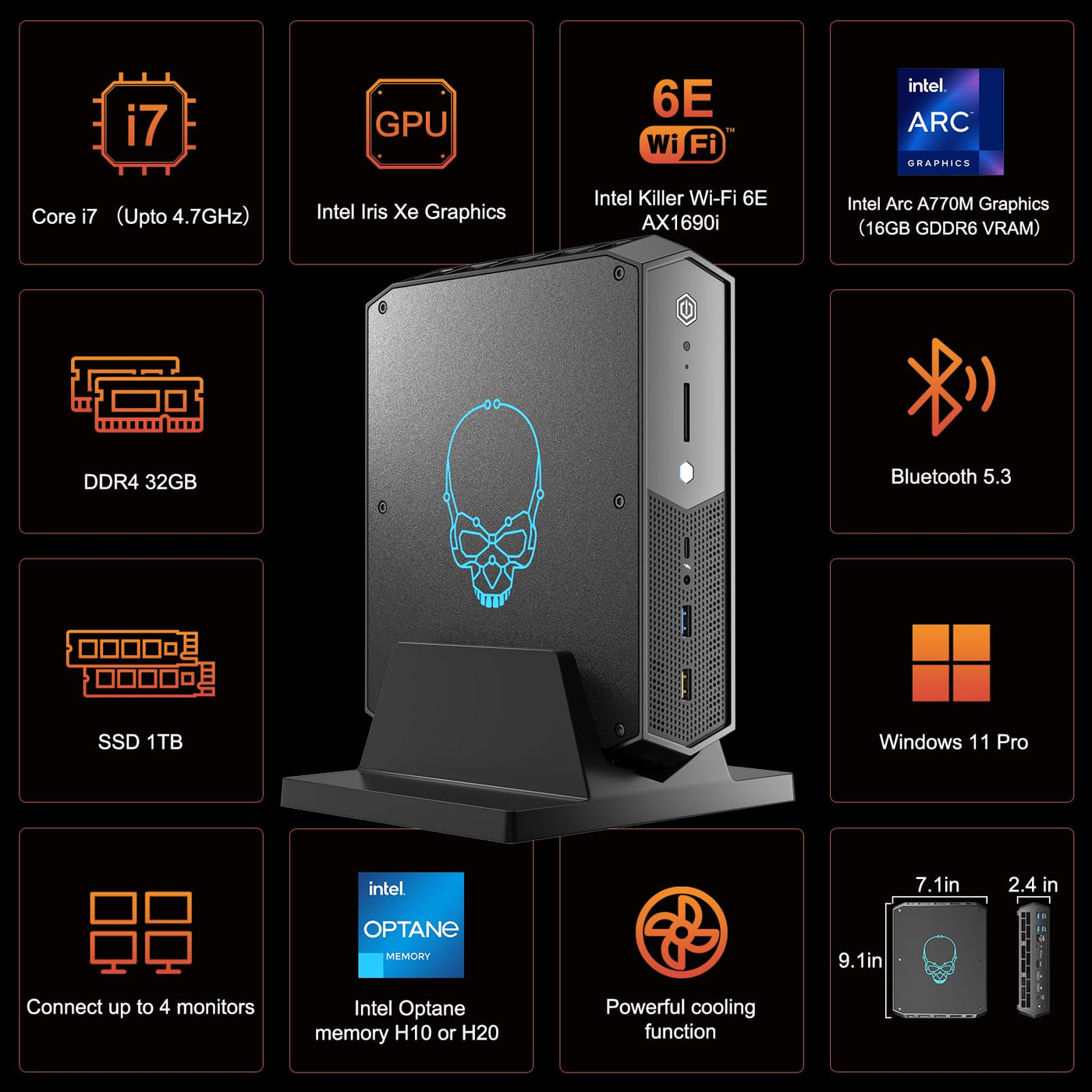 Intel NUC 12 Enthusiast Mini Gaming PC Serpent Canyon, 32GB RAM & 1TB SSD, Intel Core i7-12700H Prozessor (24M Cache, bis zu 4,70 GHz), Intel Arc A770M Grafik mit 16GB GDDR6 VRAM (NUC12SNKi72)
