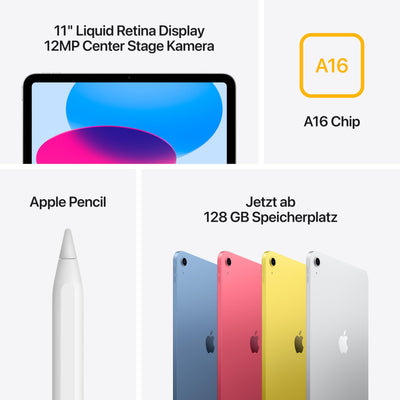 Apple iPad mit A16 Chip: 11" Liquid Retina Display, 128 GB, WLAN 6, 12 MP Front /12 MP Rückkamera, Touch ID, Batterie für den ganzen Tag – Silber