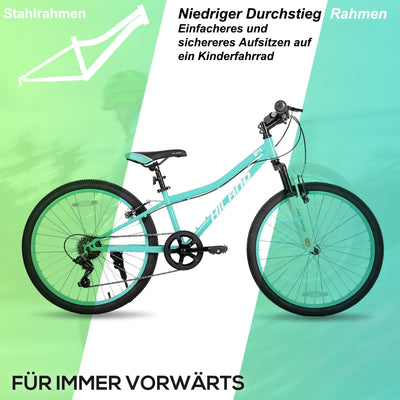 HILAND Climber 24 Zoll Kinderfahrrad, 7 Gang V-Bremse Kinder Mountainbike, Jugend MTB mit Federgabel, Mountainbike für Jungen Mädchen Mintgrün
