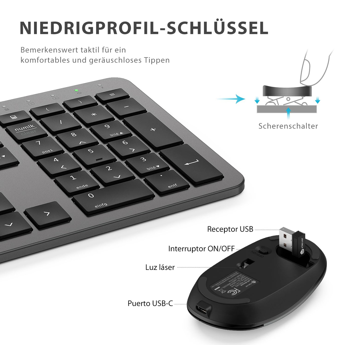 iClever GK08 Wireless Keyboard and Mouse - 2.4G Ultraslim Rechargeable Wireless Keyboard Mouse Set for PC, Desktop, Notebook, Laptop, Windows Mac OS, QWERTZ Layout, Black and Grey