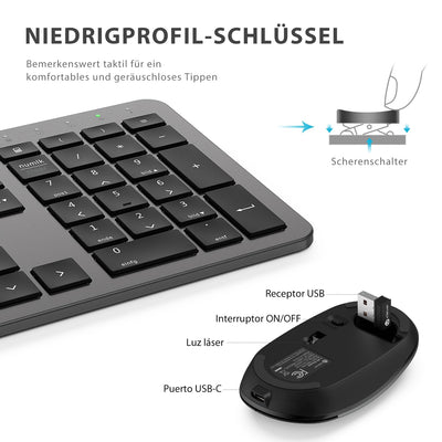 iClever GK08 Wireless Keyboard and Mouse - 2.4G Ultraslim Rechargeable Wireless Keyboard Mouse Set for PC, Desktop, Notebook, Laptop, Windows Mac OS, QWERTZ Layout, Black and Grey