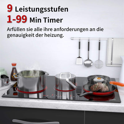 Glaskeramikkochfeld, IsEasy Kochfelder, 77cm, 8600W, 5 Kochzonen, 2400W/2000W/1800W/1200W, Verdrahtung, Einbau Keramikkochfeld, 9 Heizstufen, Automatische Abschaltung, Restwärmeanzeige