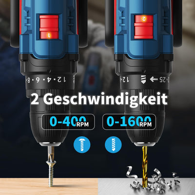 Akkuschrauber, 20V Akku Bohrschrauber Set mit 2 Akkus und 87 Zubehöre, Werkzeugkoffer, Akkubohrer 42Nm Max Drehmoment, 25+1 Drehmomentstufen, 2-Gang, 10mm Bohrfutter, Akku Bohrmaschine für Haus DIY