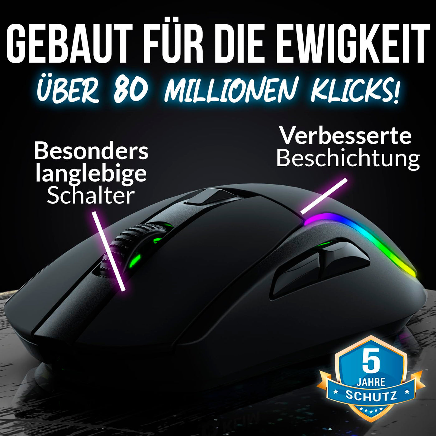 KLIM Blaze Y Wiederaufladbare kabellose Maus - NEU - Gaming Maus mit RGB und Ladestation - Hochpräziser Sensor und langlebiger Akku - Bis zu 6000 DPI - Kabel- und Wireless Mouse für PC - Schwarz