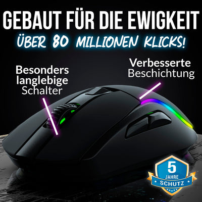 KLIM Blaze Y Wiederaufladbare kabellose Maus - NEU - Gaming Maus mit RGB und Ladestation - Hochpräziser Sensor und langlebiger Akku - Bis zu 6000 DPI - Kabel- und Wireless Mouse für PC - Schwarz
