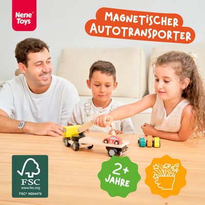Nene Toys Autotransporter aus Holz mit Kran & 4 Magnet-Autos – Magnetspielzeug für Kinder ab 2 Jahren – Montessori Holzspielzeug & Lernspiel mit Fahrzeugen – Geschenk Jungen Mädchen 2 3 Jahren