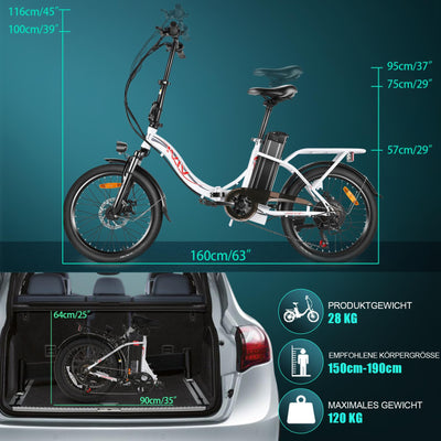ANCHEER Klapprad E-Bike, 20"*3.0 Elektrofahrrad mit 36V 10.2Ah Lithium-Akku für Lange Reichweite bis 100KM, 250W Motor, 7 Gang für Herren Damen