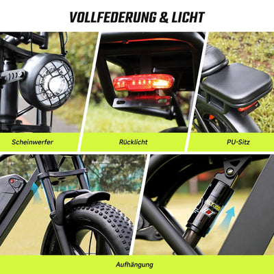 SISIGAD E Bikes Mountainbike Fatbike 20 Zoll Elektrofahrrad Herren Damen Elektro Fahrrad mit LCD Display und App, E Fatbike 48V 15Ah Batterie 250W Motor 25km/h E Fahrrad