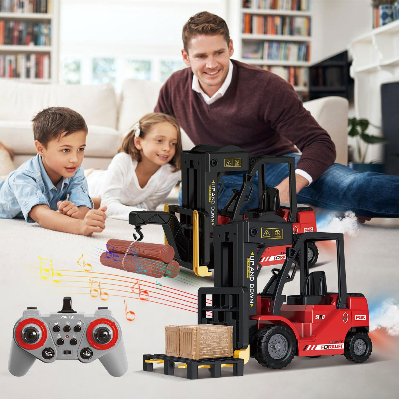 Mostop Ferngesteuerter Gabelstapler Spielzeug, 1/24 Rc Gabelstapler Spielzeug, mit Boxen/Ton- und Lichtspray, Zwei wiederaufladbare Batterien & Ladegerät, Technik Auto Junge Geschenk