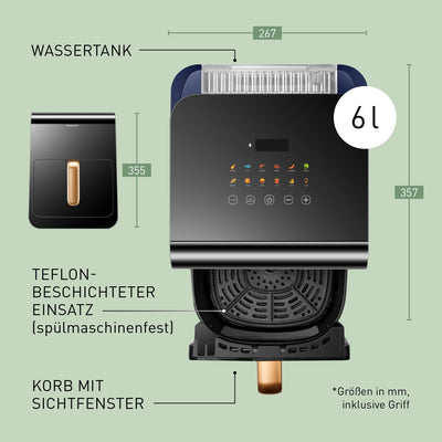 Panasonic NF-CC600AXE Air Fryer mit Sichtfenster, 6 l, 80–200 °C, digitaler Timer & LCD-Display, sanfte Dampfzugabe, 11 Voreinstellungen, einfache Reinigung, Schwarz mit Griff in Roségold