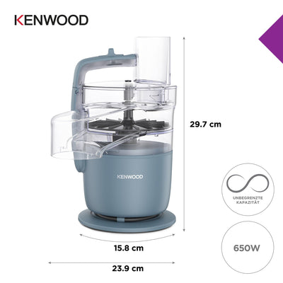Kenwood MultiPro Go FDP22.130GY, Kompakt-Küchenmaschine nur 30cm hoch, zum Schneiden, Reiben, Pürieren und Teig Kneten, Express-Serve, 1,3 l Arbeitsbehälter, 650 W, Blau