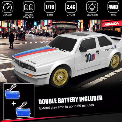 Mostop Ferngesteuertes Auto 1/16 Scale RC Drift Car 2.4GHz 4WD High Speed 30+KM/H Klassisches Fahrzeug mit LED Lichtern Drifting Tires Racing Vehicle Toys Gifts for Adults Boys, 2 Batteries, White